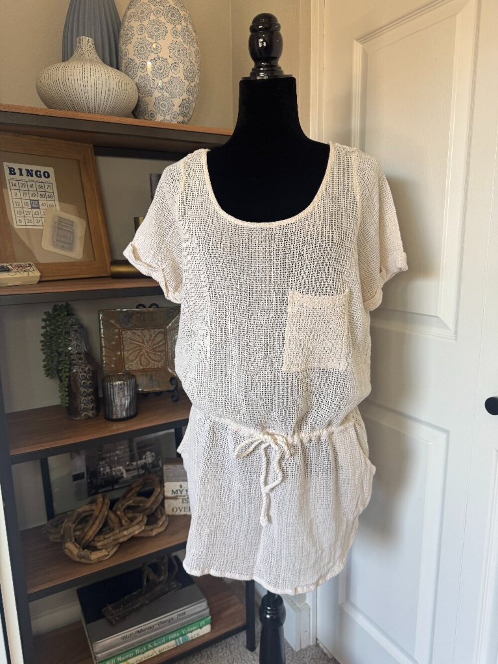 Ecote Cream Mesh Drawstring Mini Dress/Coverup - Size M